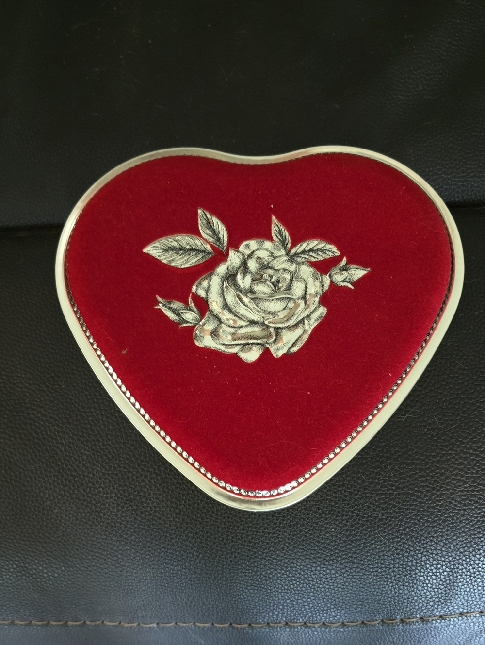 Heart-Shaped Red Velvet Jewelry Box with Silver Rose